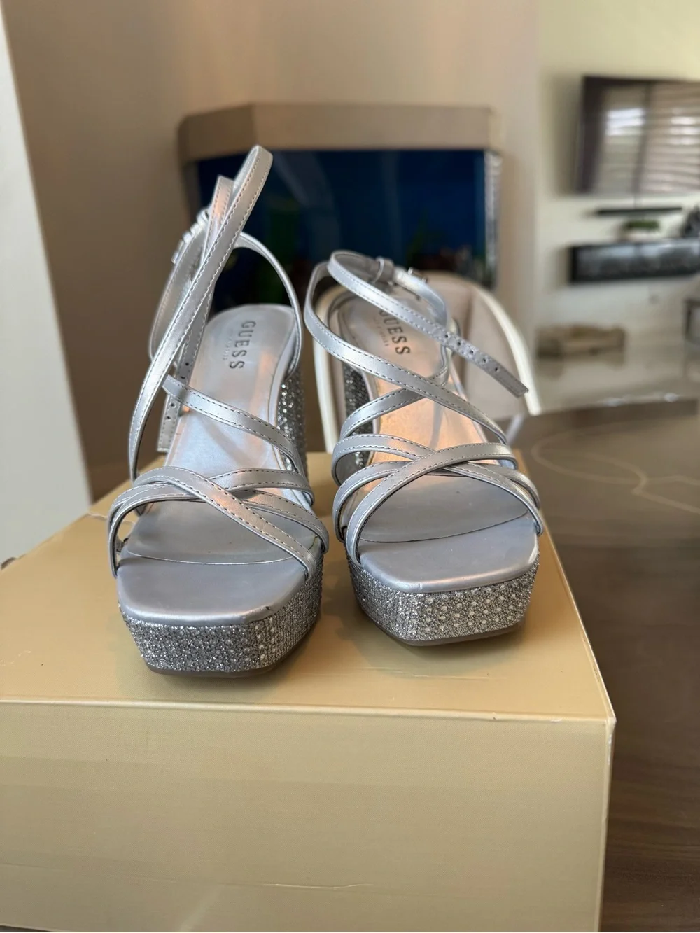 Guess Silver Metallic Strappy Platform Sandals